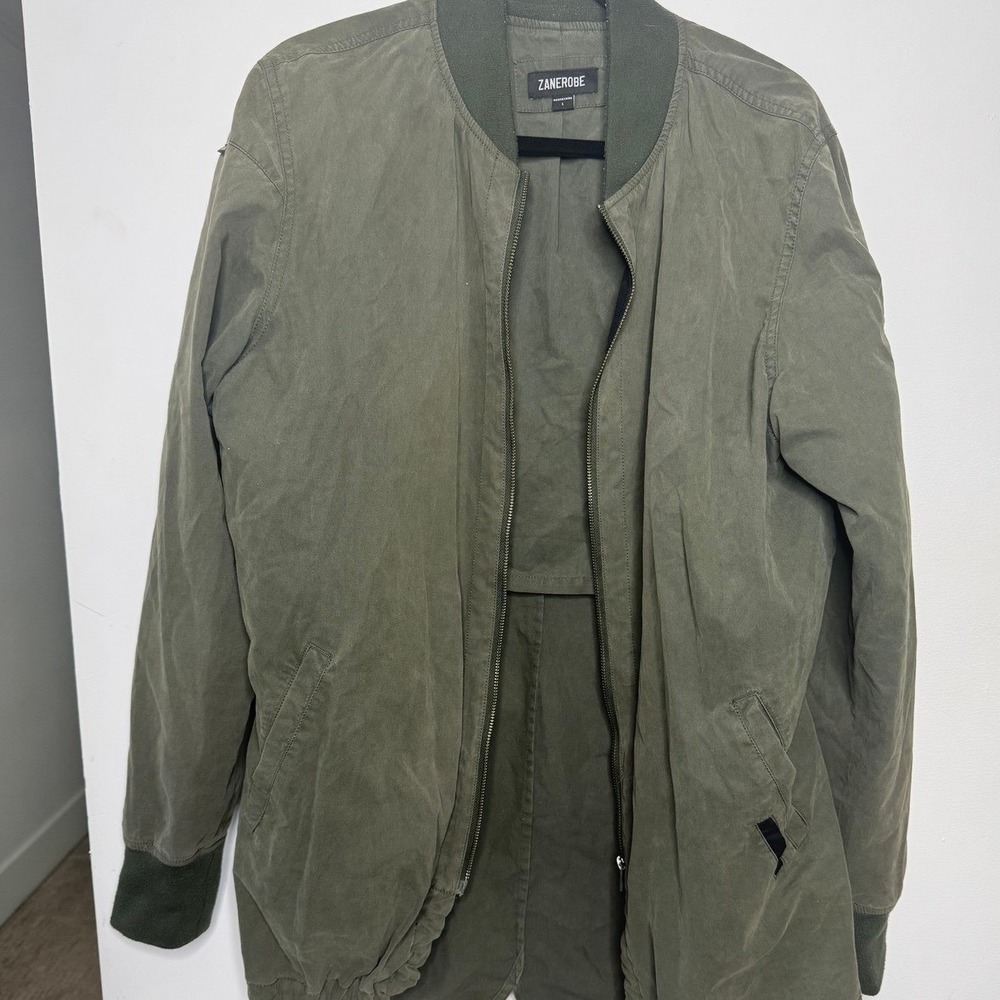 ZANEROBE Olive Bomber Jacket Mens Large Longline Fishtail Zip Utility Streetwear